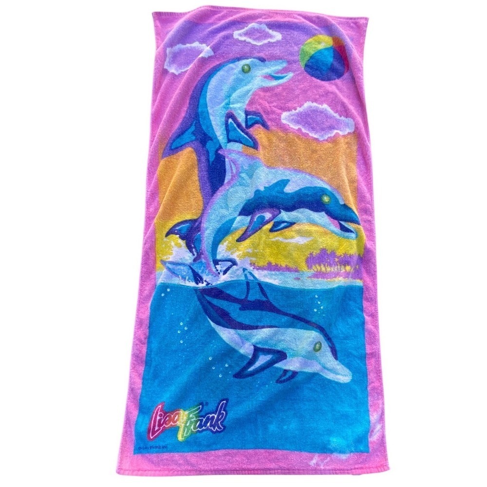 Vintage Lisa Frank Dancing Dolphins Beach Towel  30x56 Neon 90s